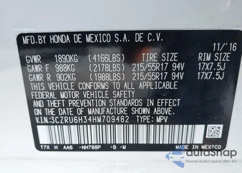 2017 Honda Hr-V Lx z USA, uszkodzony, nr VIN 3CZRU6H34HM709482